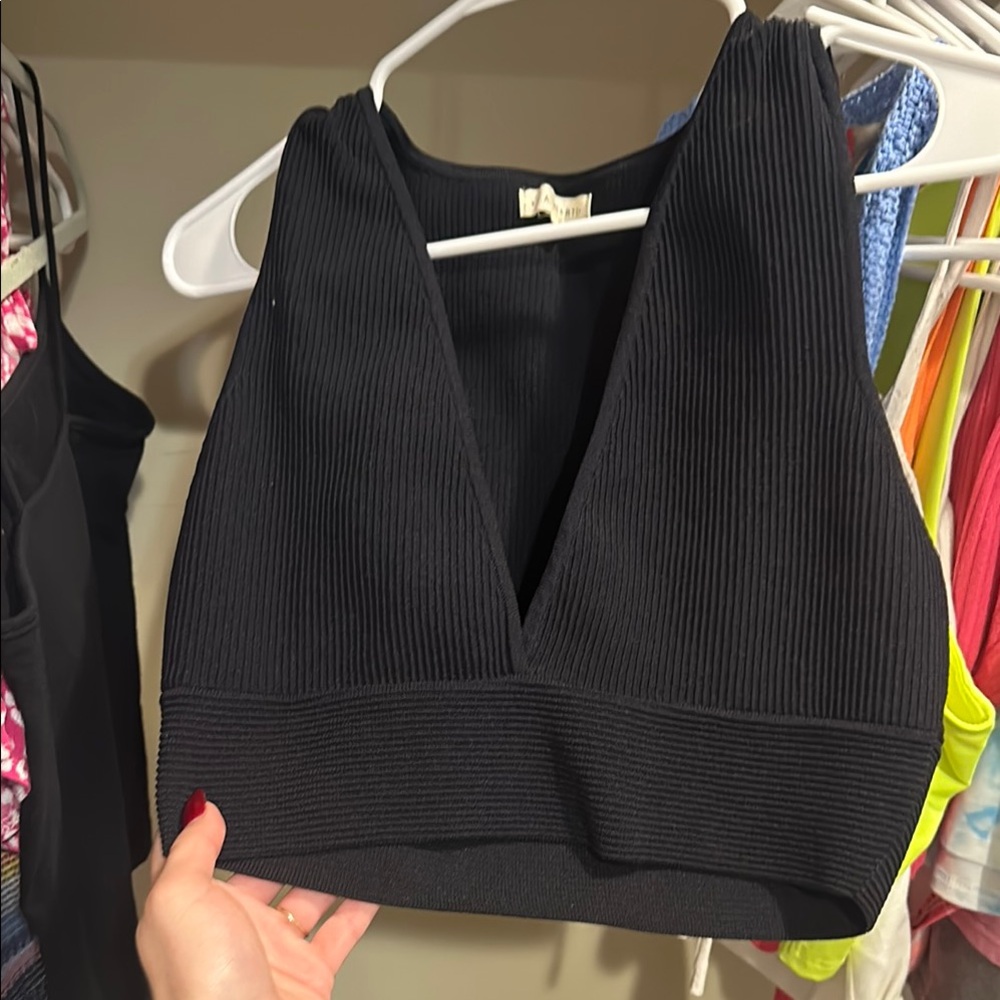 Black Ribbed V-Neck Women's Top